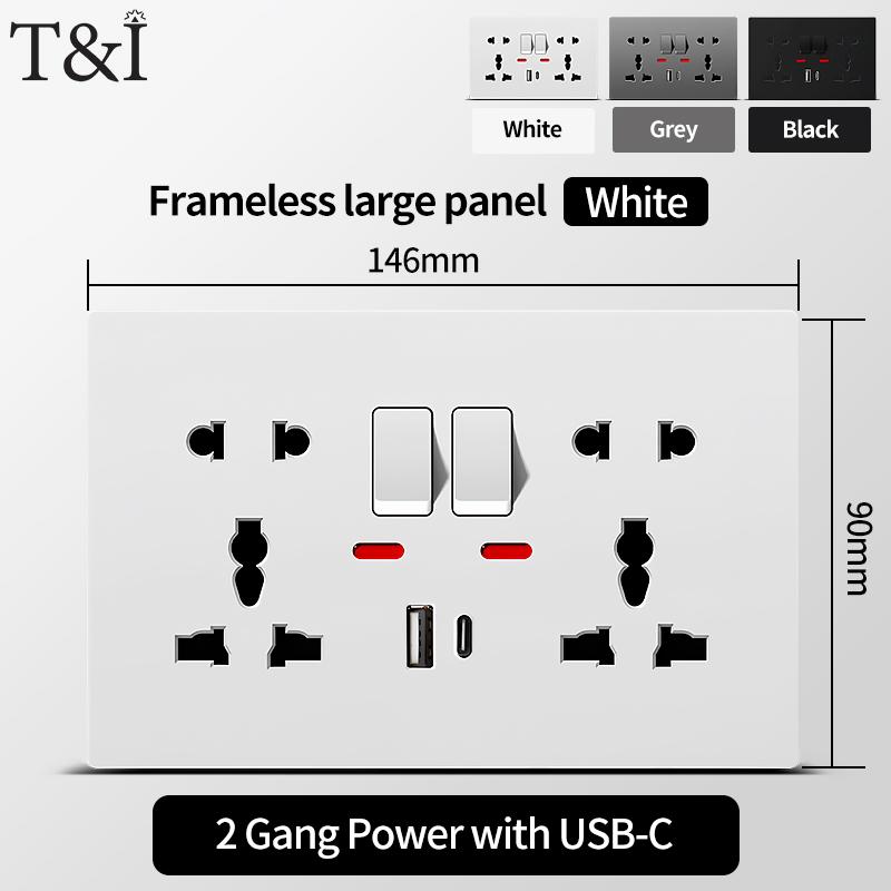 Universal Wall Socket with USB-C USB Charger & Switches- 2 Gang Power Outlet With LED, Flush Mount, AC 110-250V