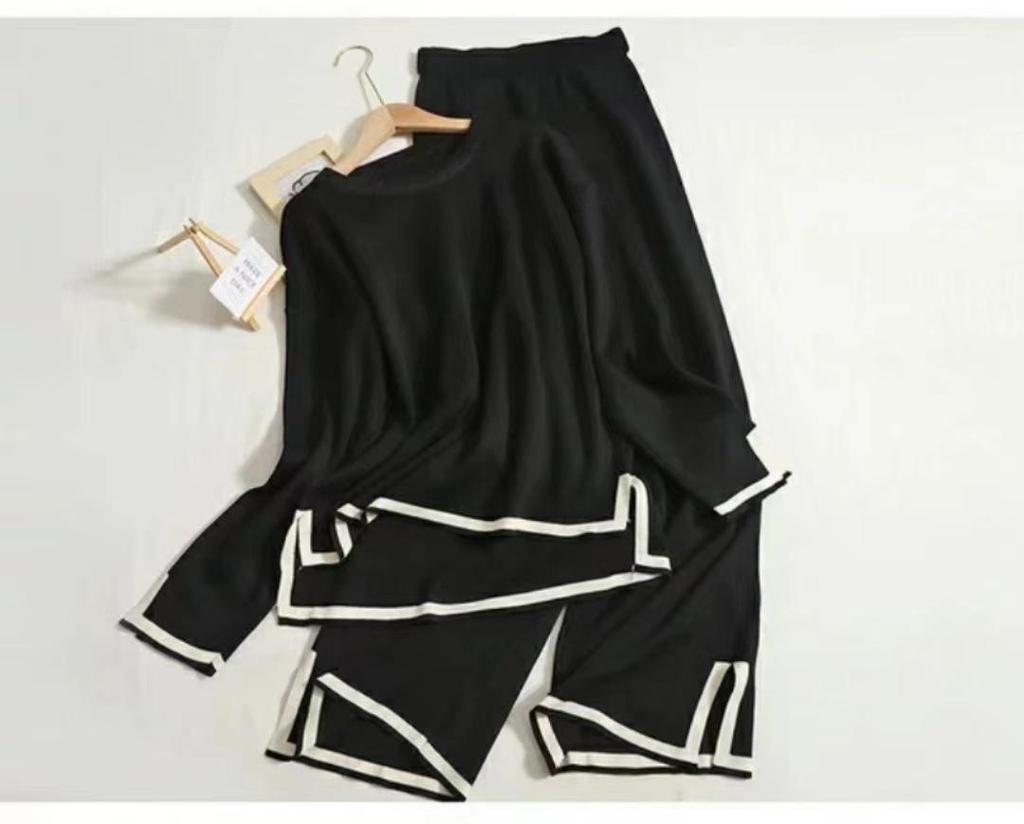 2025 Fall Contrast Long-Sleeve Knit Sweater & High-Waist Wide-Leg Pants Set