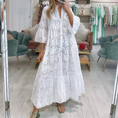 Elegant Solid Color Embroidery Lace Maxi Dress V-neck 3/4 Flared Sleeve Hollow Out Flower Pattern Buttons Half Placket Ruffle Stitching Hem Dress