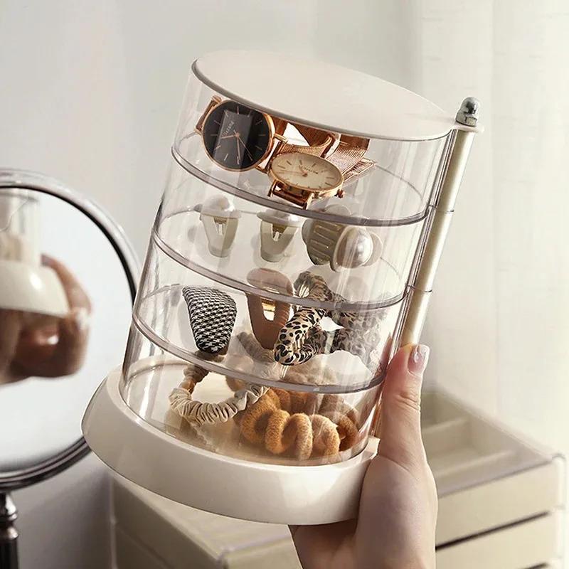 Rotating Transparent Jewelry Storage Organizer Large Capacity Display Case Hair Tie Tray for Bathroom Use