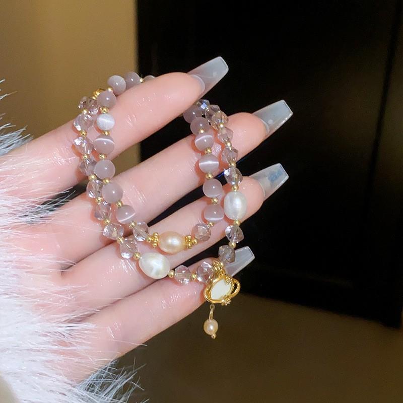Handmade Cats Eye Stone Double Layer Bracelet With Pearl Accents Geometric Design Vintage Chic Womens Jewelry