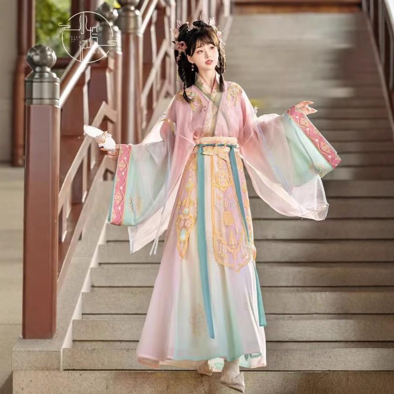 Womens Hanfu Style Ruqun Set Ancient Jin Dynasty Inspired Wide Sleeve Embroidered Floral Daily Wear