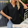Women's Fashion Casual Solid Color Print Short Sleeve V Neck Blouses & Shirts