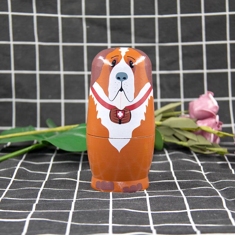 Five-Layer Russian Nesting Doll: Bear & Dog Wooden Craft Ornament Toy