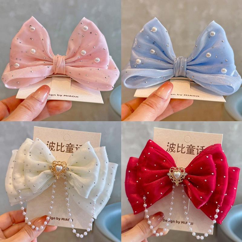 Pearl Bow Girl Headwear Mesh Velvet Hair Clip Party Girl Dance Hair Accessory Hair Clip Red Cute Little Girl Hair Accessories