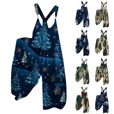 Women's Christmas Overalls Small Fresh Christmas Tree Print Retro Jumpsuit