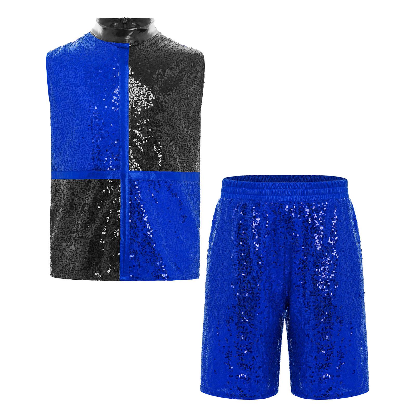 

Boys Jazz Dance Set Mock Neck Sleeveless Top Shiny Sequins Color Block Invisible Zipper Back Elastic Shorts 11-12 Years синій