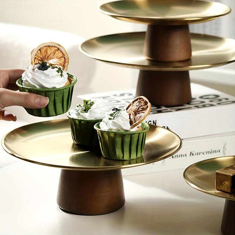 Stainless Steel Cake Tray Wooden Base Fruit Display Plate Dessert Plate Dining Table Home Decoration Ornaments