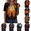 Women's Casual Halloween Print V Neck Short Sleeve Button Detail T Shirt Top Suitable for Everyday Wear and Seasonal Events