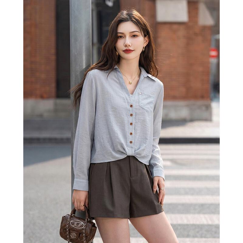 TERRE BLEUE Minimalist V-Neck Long-Sleeve Shirt M