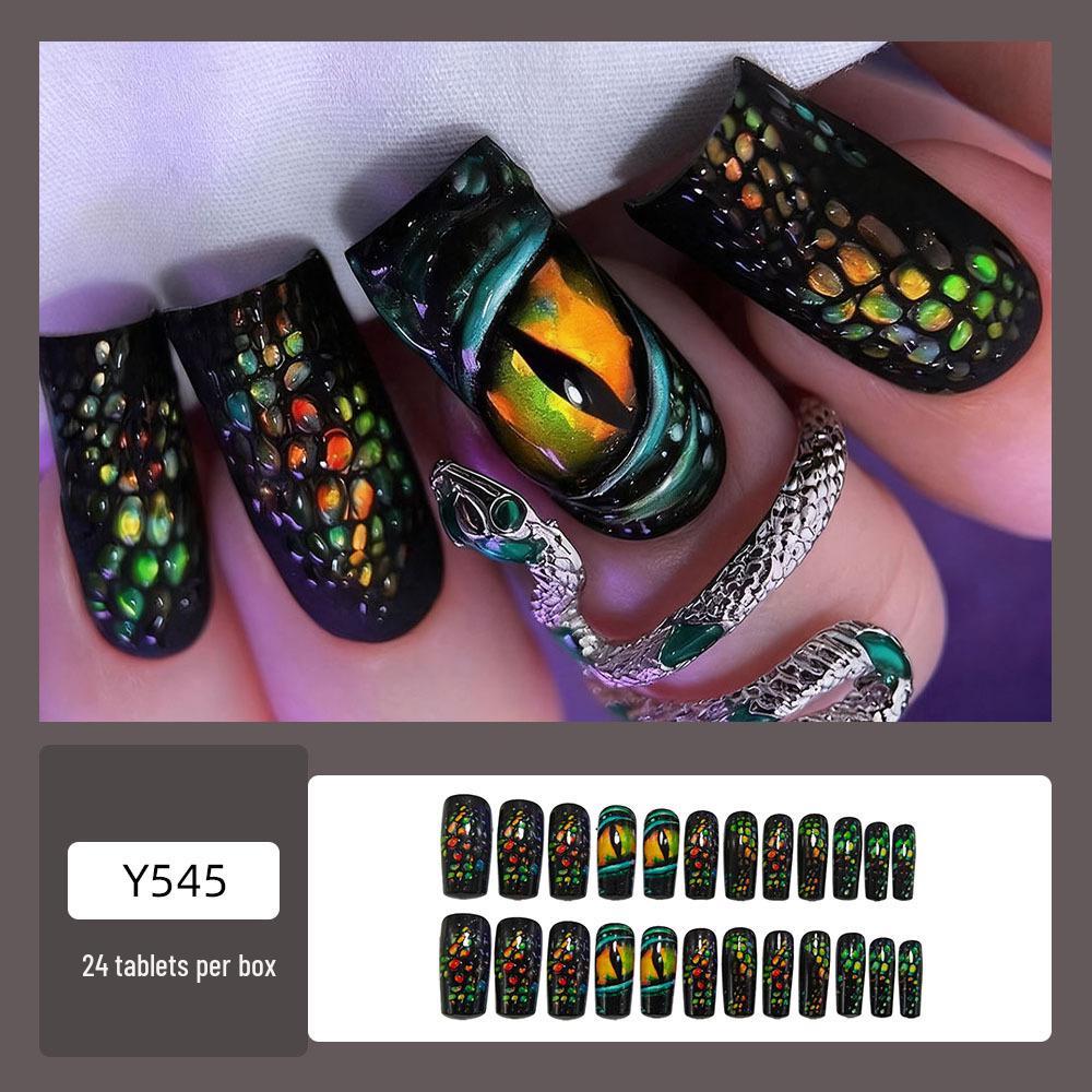 High-End Dark Snake Pattern Medium Length False Nails - Sweet & Cool Nail Art for Europe & America