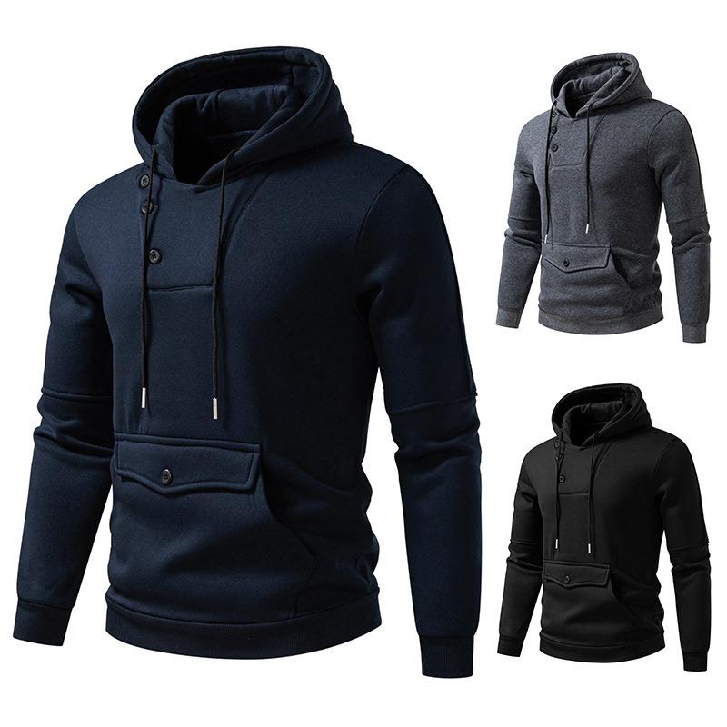 Men S Button Design Hooded Pullover Sweatshirt Solid Color Slim Fit Big Pocket
