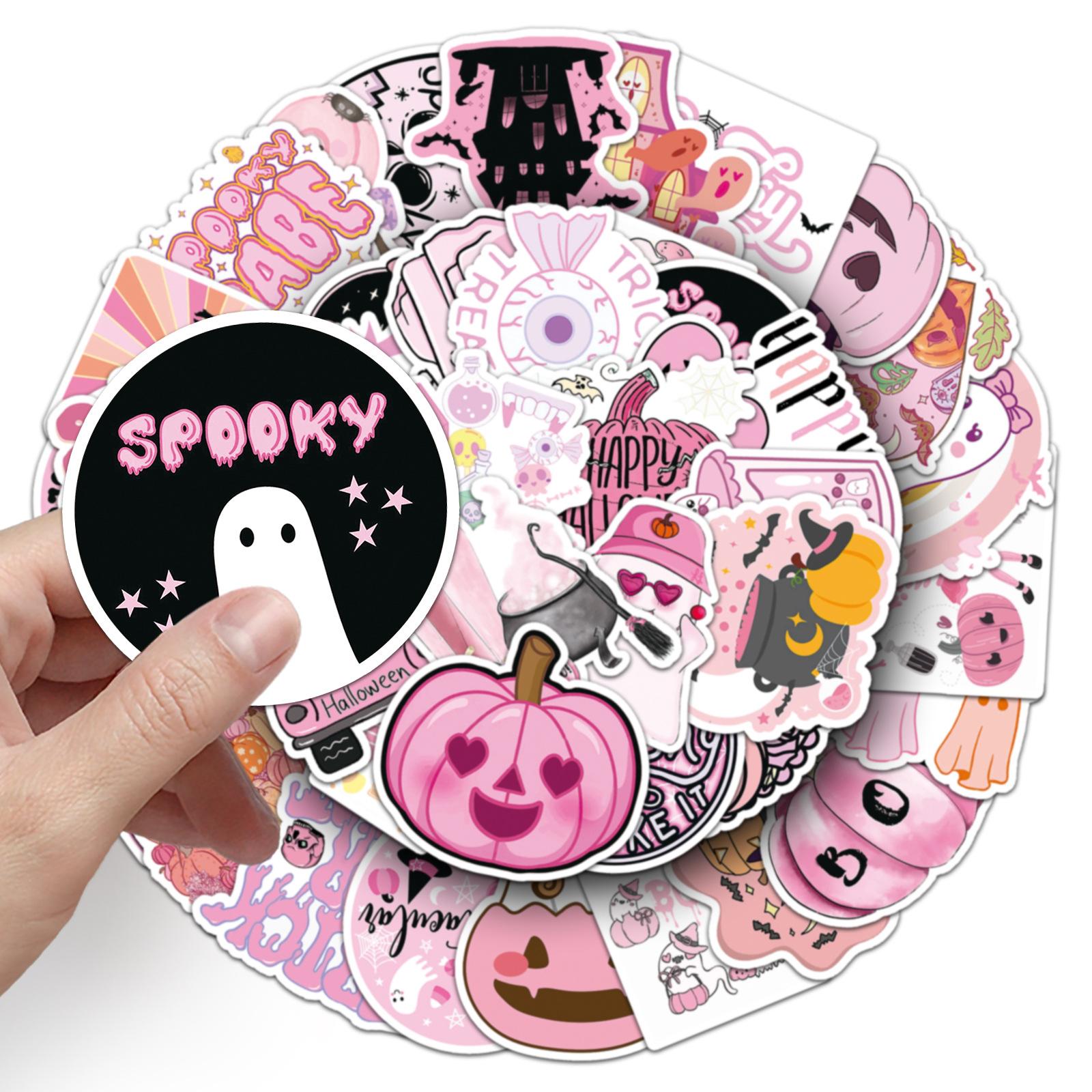 

50pcs Reusable Halloween & Christmas Stickers - Pink Cartoon Graffiti Decals with Spooky Ghosts, Pumpkins, Bats - DIY Crafts
