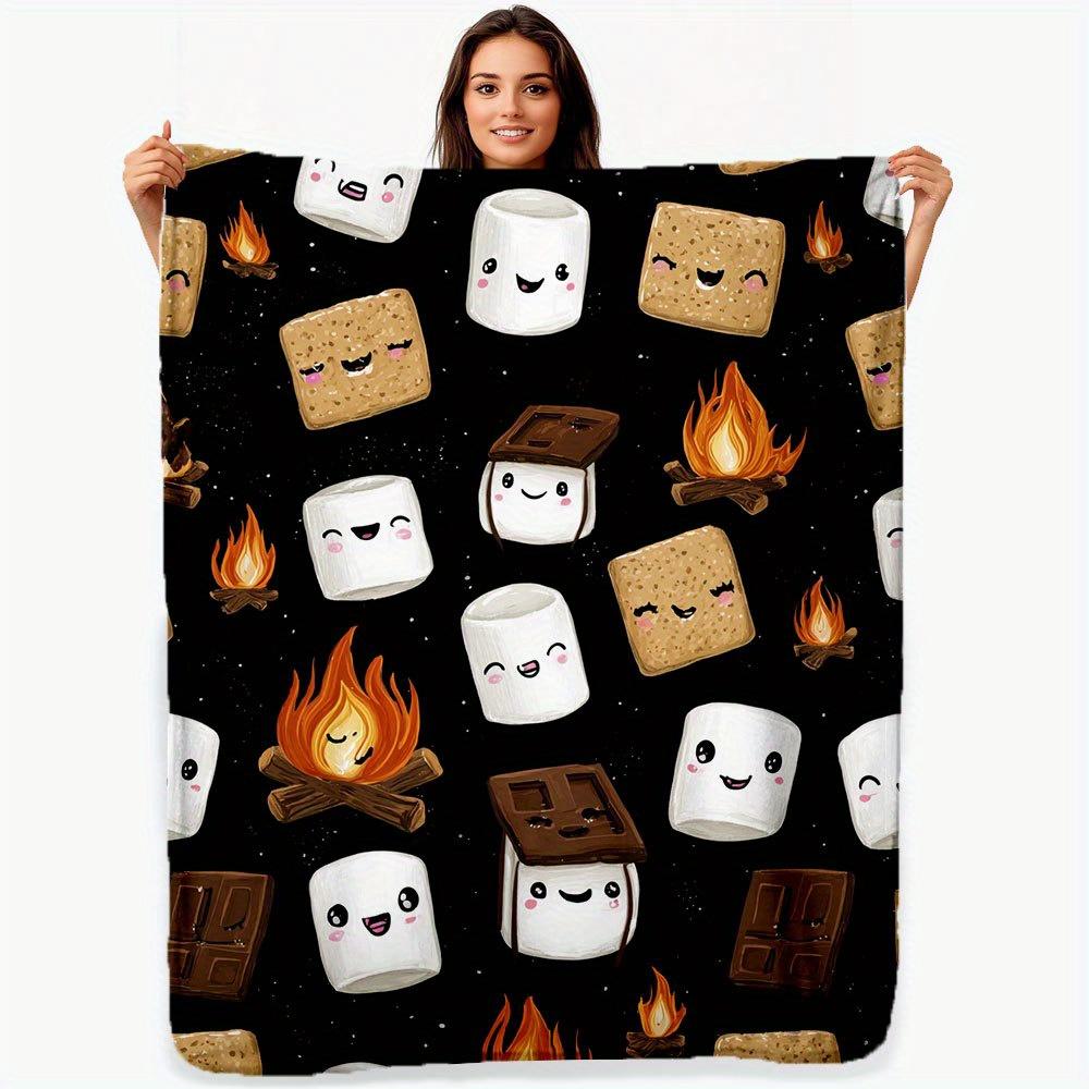 Cozy S mores Campfire Blanket,Soft Year-Round Comfort Throw with Vintage S mores Design for Bed Couch Camping, Playful Bedspread 75X95CM