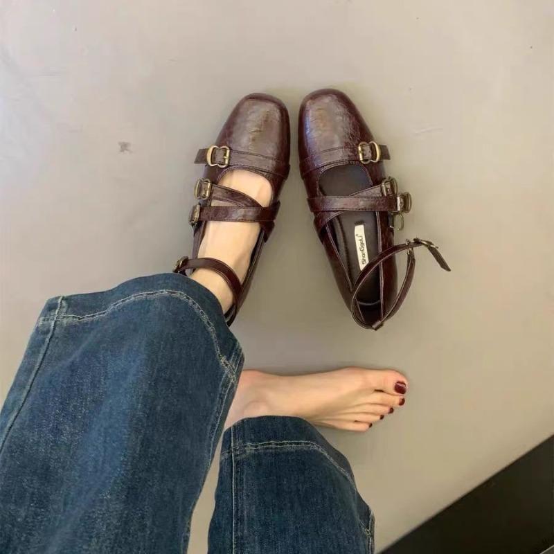 New Summer Women's Shoes Retro Inner Height Increase Square Head Shallow Mouth Mary Jane Shoes Women's Design Sense Cross Doudou Shoes