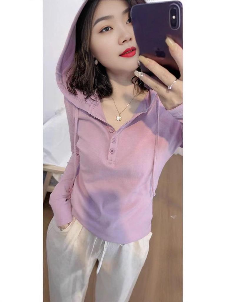 40s Pure Cotton Hooded Long Sleeve T-Shirt: 92% Cotton, 8% Spandex, Half-Open Collar, Casual Loose Slimming Design.