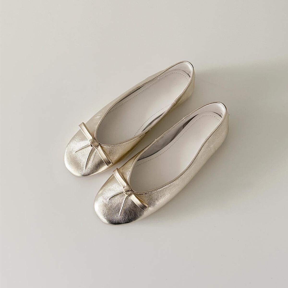 

Версия из овчины~ балетки с круглым носком и французским бантом, женские туфли-лодочки с неглубоким вырезом, на плоской подошве, Мэри Джейн 40 золотой