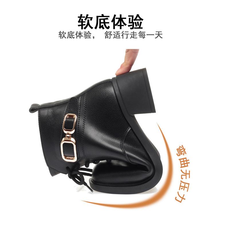 Bright Leather Martin Boots Women's British Style, New Autumn and Winter Boots Black Round Head Short Boots Thick Heel Velvet Leather Shoes