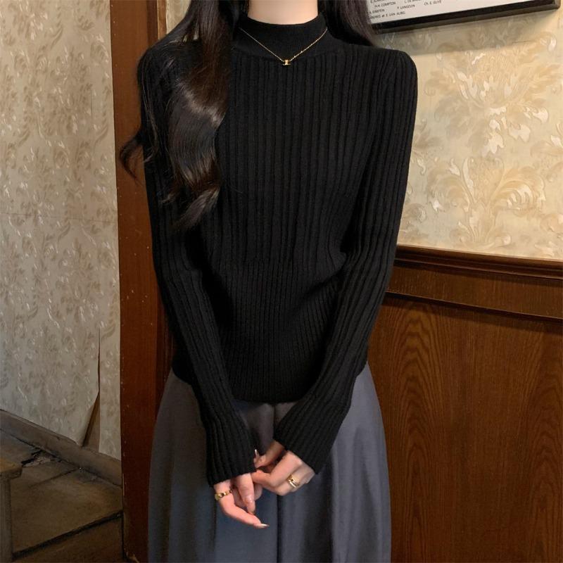 

Semi-turtleneck bottoming shirt top women s spring texture slim fit inside chic temperament versatile knitted sweater L чёрный