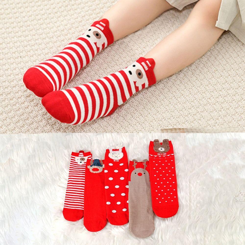 5Pairs Cartoon Elk Tube Socks Rabbit Elk Mid-Calf Socks Christmas Stockings Lady/Girls/Women