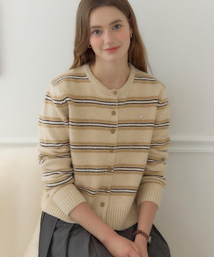 Ourhope Multi-Stripe Round Neck Cardigan - Beige