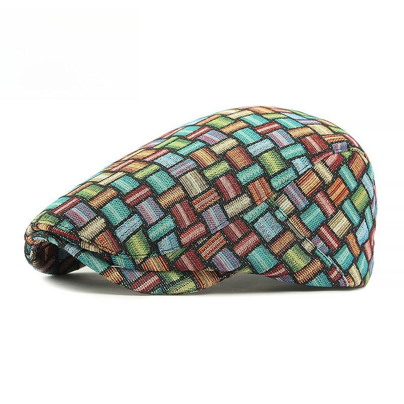 Unisex Vintage Woven Jacquard Plaid Flat Cap Retro Ethnic Style Beret Newsboy Hat Cabbie Ivy Cap for Men Women