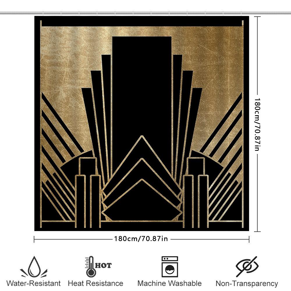 Art Deco Duschvorhang Geometrisches Muster Badezimmer Dekor Vintage Schwarz Gold Maximalistischer Hintergrund Waschbar Moderne Heimtextilien