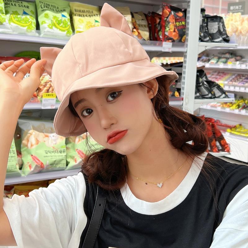 Cute cat ears bucket hat female spring and summer versatile cute girl ins sunshade sunscreen solid color dome basin hat tide
