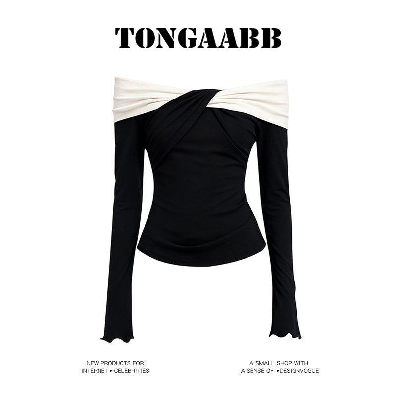 

Tongaabb Spicy Girl Style Cross-Neck Off-Shoulder Long-Sleeve Knit Top for Women, Spring and Summer Color-Blocking Slim-Fit Inner Wear Black S
