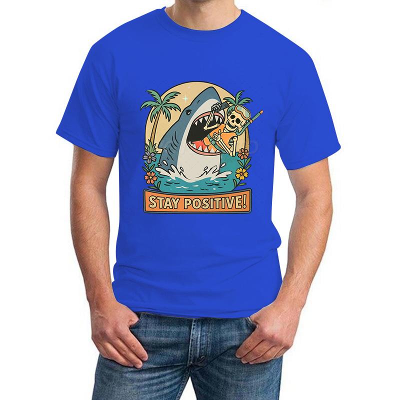 Stay Positive Shark Skeleton Funny T Shirts for Men New Design Fashion Summer Tops Positive Vibes Funny Skeleton T-shirt Women