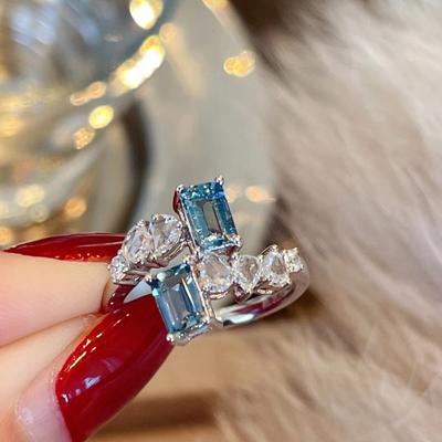 South Korea New Rectangular Luxury Flash Diamond Ring Female Seiko Simple Irregular Zircon Opening Ring Party Birthday Gift