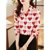 Women Casual Love Print Turn Down Collar Long Sleeve Shirt White Pink Blue for Autumn Woman Clothing