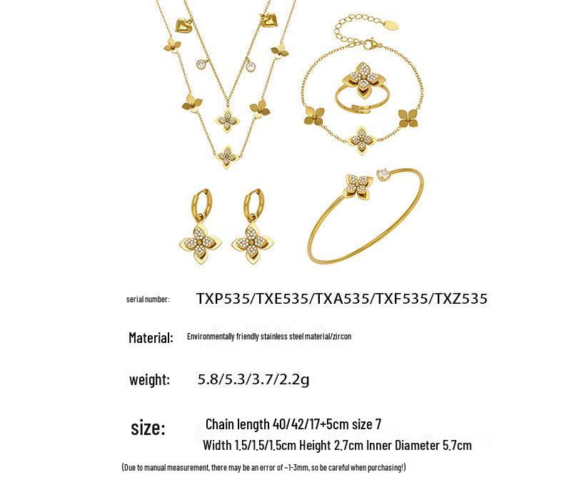 18K Gold Plated Stainless Steel Jewelry Set with Zirconia - Necklace, Bracelet, Earrings - European American Fashion Style.