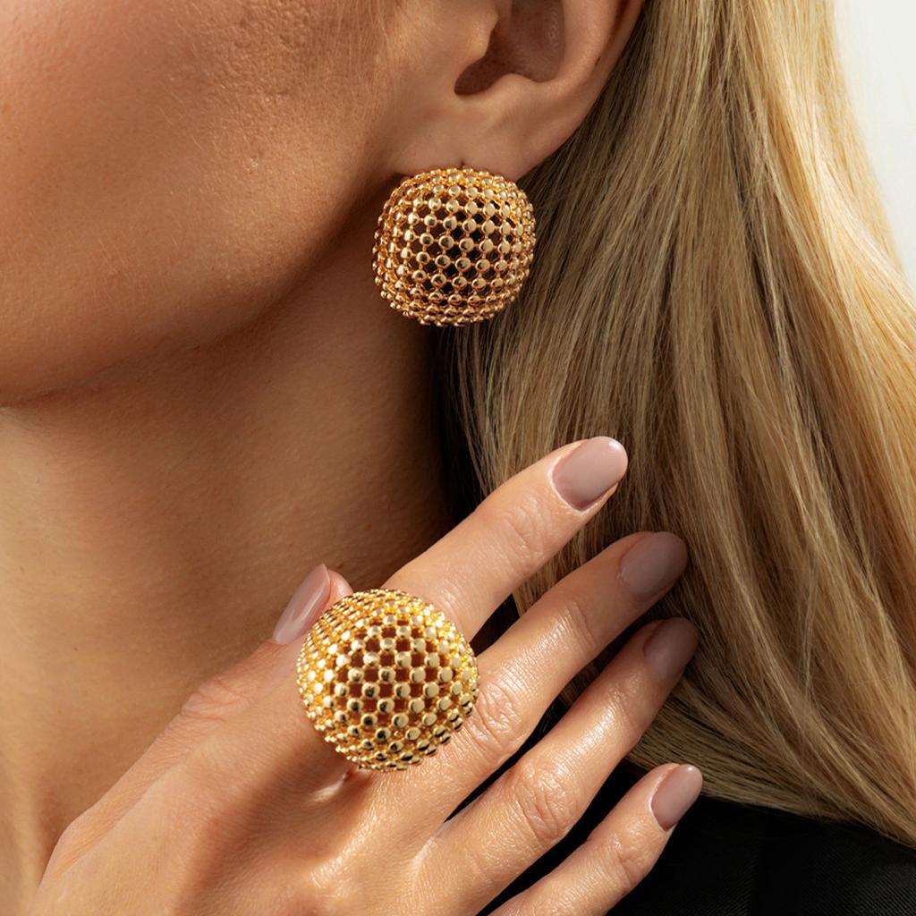 Eleganti Orecchini Rotondi Geometrici Vuoti in Metallo Intrecciato Stile Retrò con Anello Diviso