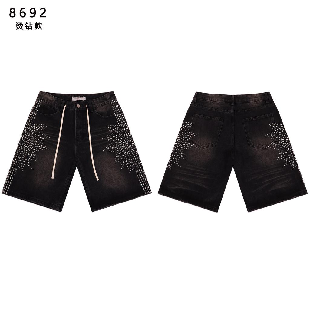 Men's Side Gradient Rhinestone Denim Shorts, Vintage Hip Hop Street Loose Drawstring Knee Length Shorts