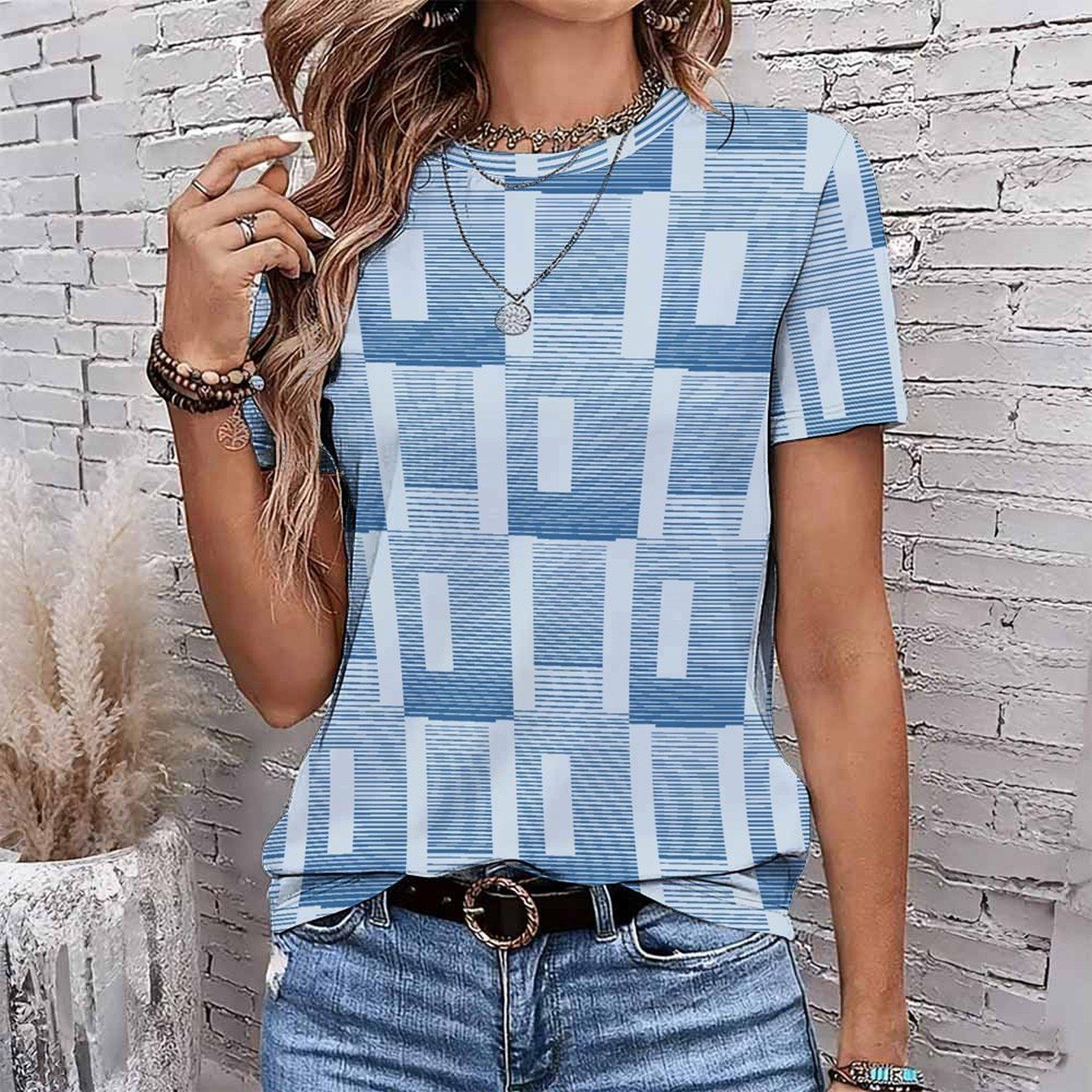 

Модная женская ретро футболка с геометрическим принтом, смешная повседневная футболка с круглым вырезом и короткими рукавами, летняя женская футболка XS синий