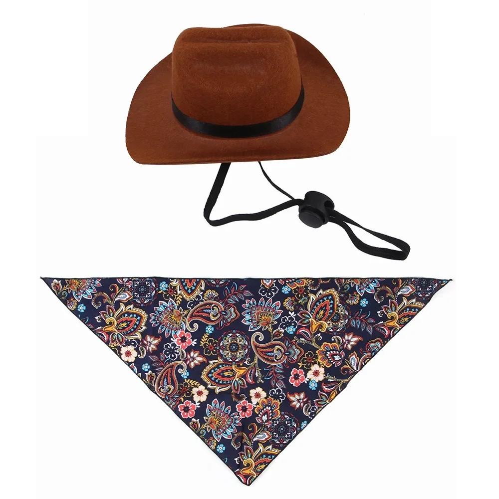 Pet Hat Set Retro Triangle Scarf Pet Accessories Cat Dog Western Cowboy Hat Pet Cosplay Decoration Supplies Pet Hat Scarf Set