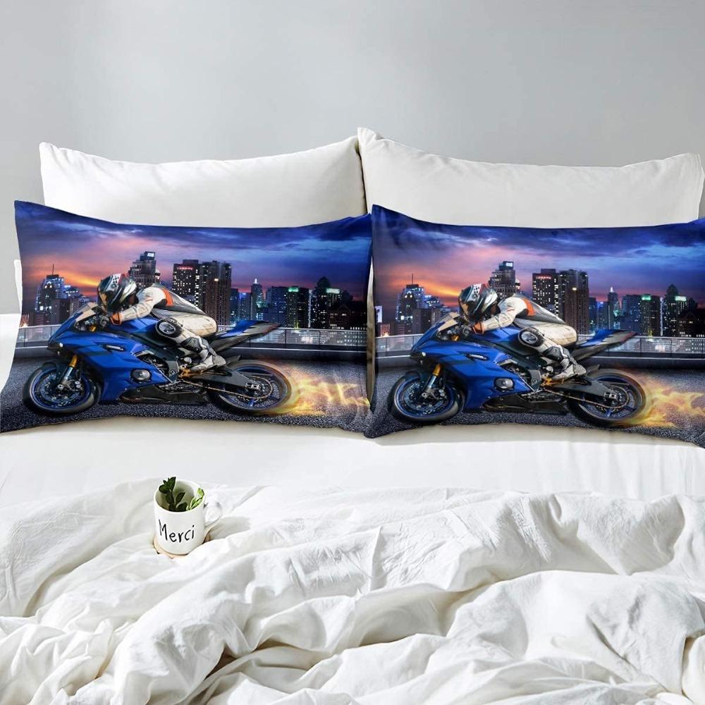 Motocross Bedding Sets, 3D Printed Pattern of Extreme Sports Motorcycle Theme Duvet Cover with 2 Pillowcases, Adults and Kids