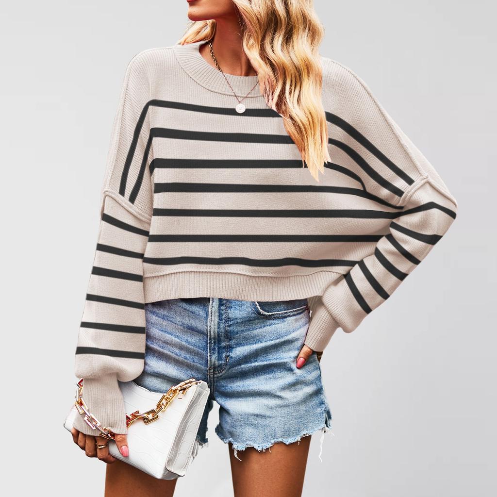 Women's Solid Striped Fashion Round Neck Knitwear Loose Pullover Sweater