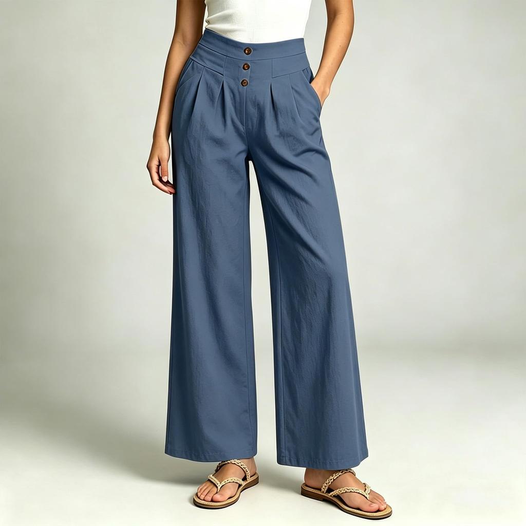 Women Casual Elastic Waist Wide Leg Pants High Waist Straight Leg Trousers with Button Detail and Side Pockets for Everyday Wear