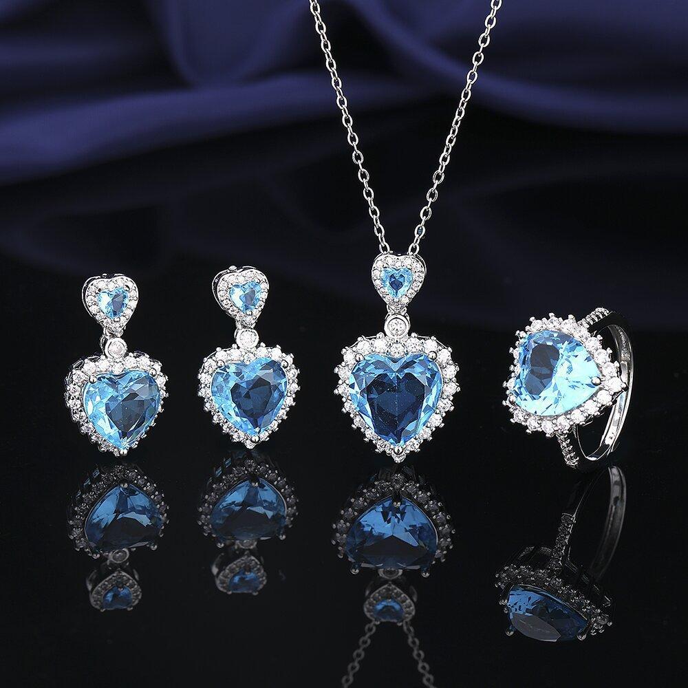 Fashion Jewelry Three-piece Set Aquamarine Colored Treasure Necklace Stud Earrings Ring Women s Hand Jewelry Earrings Jewelry 2026 45CM