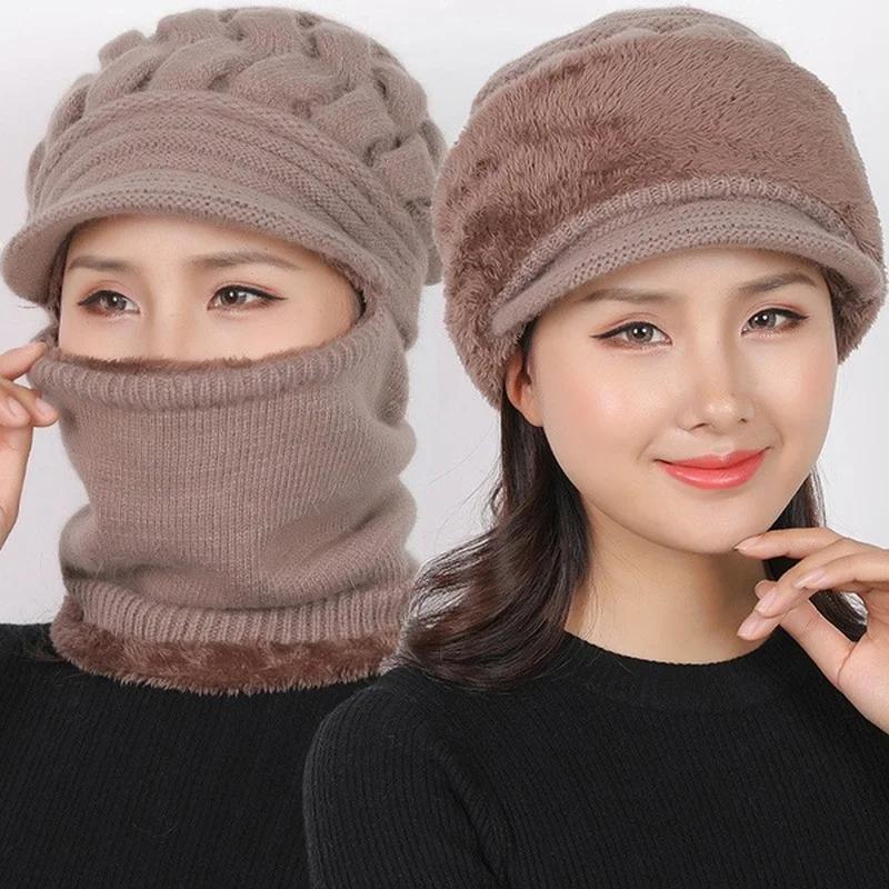 Thicken Warm and Windproof Riding Hat Knitted Scarf Ladies Winter Woolen Hat Plus Fleece Warm Knitted Hat Scarf Set