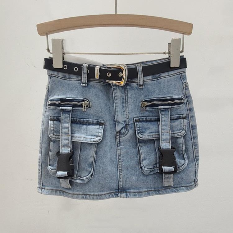 Vintage distressed utility pocket denim short skirt for women, summer new spicy girl slimming button-up anti-exposure A-line skirt