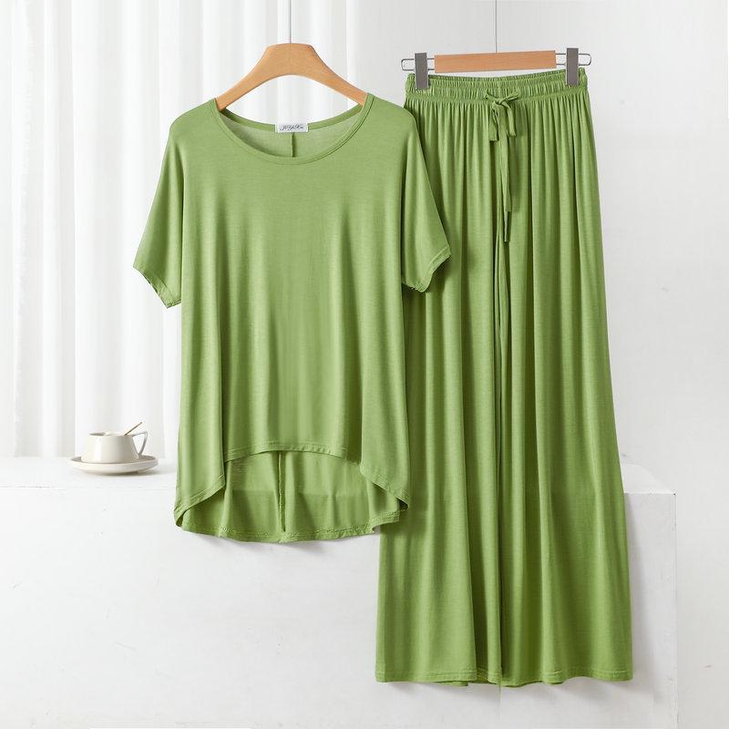 Damen Übergröße Freizeit-Pyjama-Set: Modal Rundhals Kurzarm Oberteil & Weitbeinige Hose