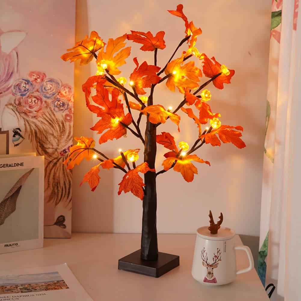 LED Maple Leaf Tree Night Light USB&Battery 24 LED Maple Leaf LED Lantern Glittered Tree Lights for Thanksgiving Day Party Decor