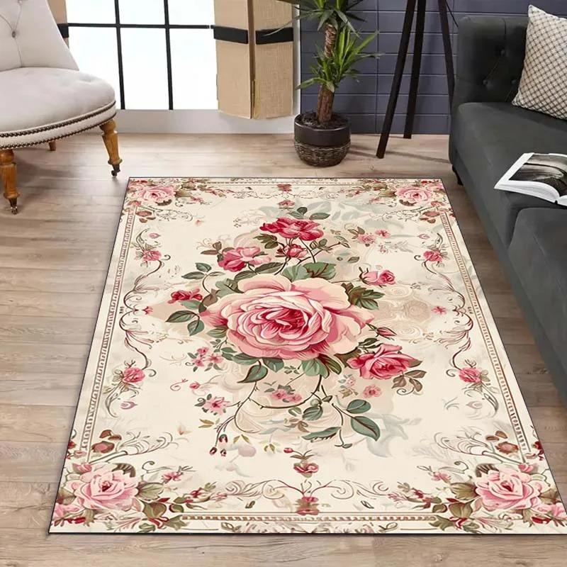Luxurious Vintage Floral Print Carpet Large Area Non-Slip Machine Washable Floor Mat Living Room Bedroom Office Sofa Rug Decor