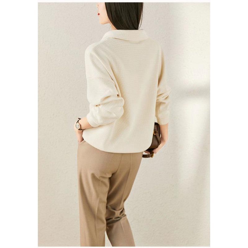 Spring Autumn Waffler Polo V-neck Loose Casual Sweatshirt Women Long Sleeve Solid Simple All-match Pullover Top