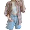 Women's Summer Pink Plaid Polo Collar Short Sleeve Shirt Jacket - Japanese Retro Style