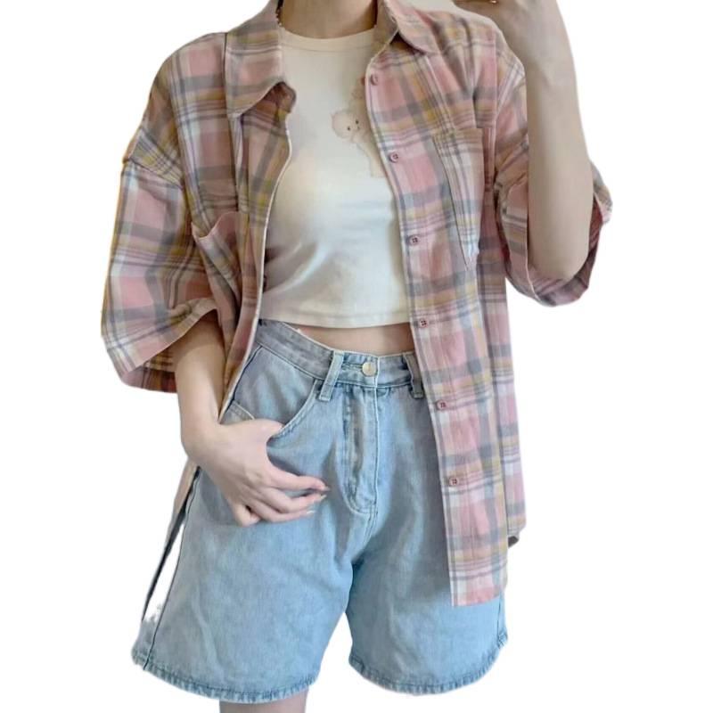 Women's Summer Pink Plaid Polo Collar Short Sleeve Shirt Jacket - Japanese Retro Style