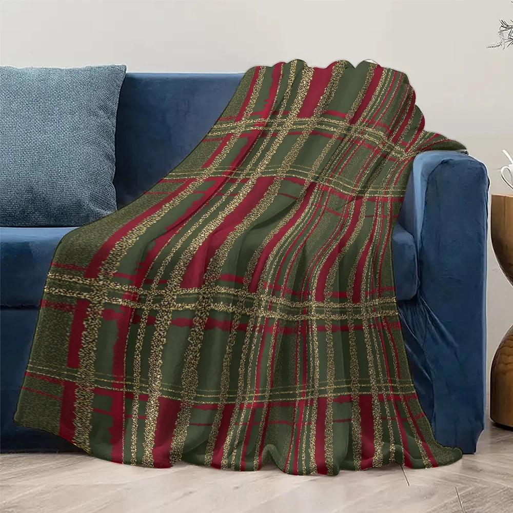 Burgundy Green Plaid Fleece Blanket, Gold Thread Accents in Classic Checkered Pattern, Cozy Reading Nook Throw for Sofa